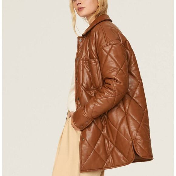 Slate & Willow Quilted Jacket Faux Leather Shacket Brown M - Picture 2 of 12